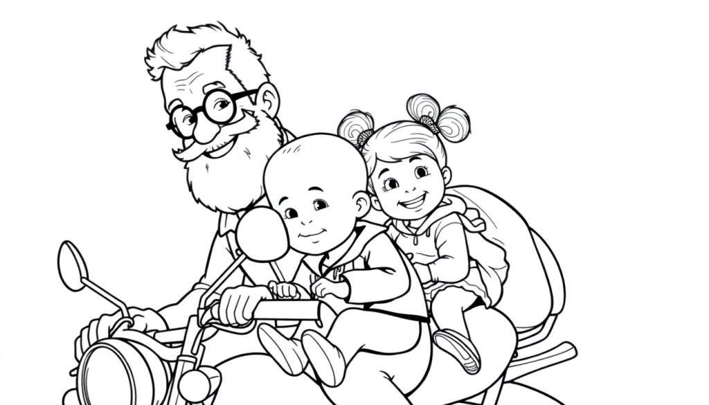 Kleurplaat: opa op motor met twee kinderen