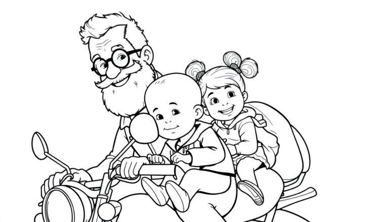 Kleurplaat: opa op motor met twee kinderen