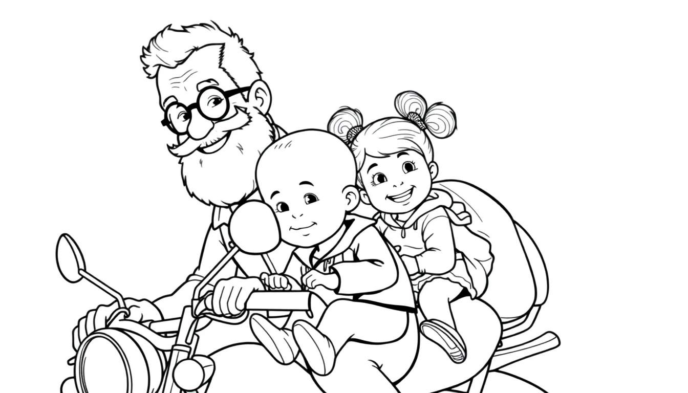 Kleurplaat: opa op motor met twee kinderen