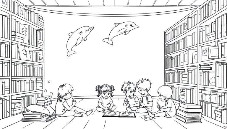 Kleurplaat van kinderen die in een bibliotheek lezen met zwevende dolfijnen.