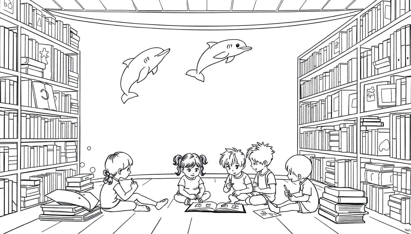 Kleurplaat van kinderen die in een bibliotheek lezen met zwevende dolfijnen.