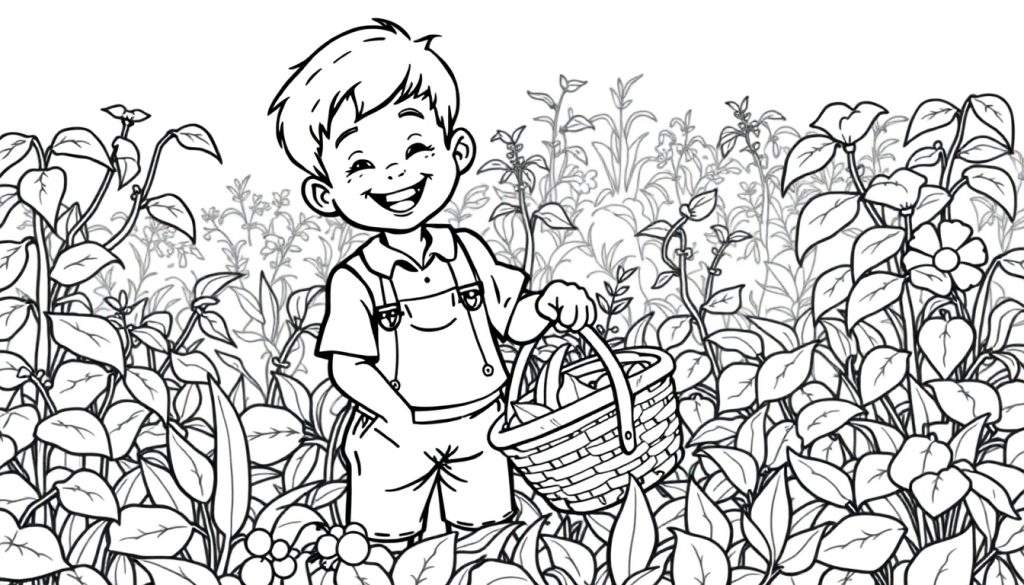 Zwart-wit kleurplaat van een lachende jongen in een moestuin met boontjes.