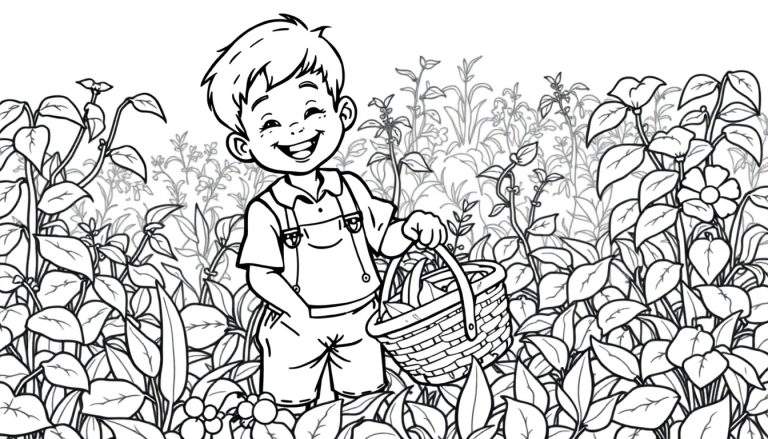 Zwart-wit kleurplaat van een lachende jongen in een moestuin met boontjes.