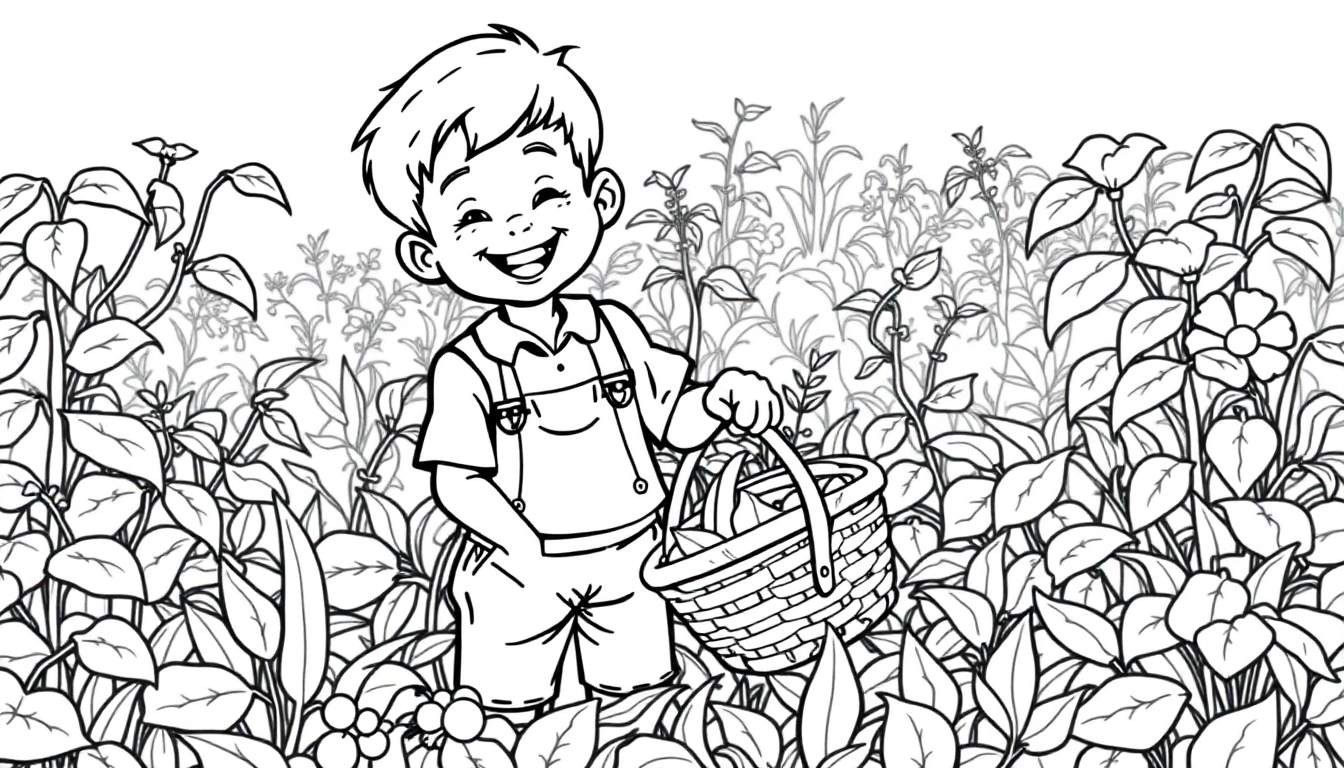 Zwart-wit kleurplaat van een lachende jongen in een moestuin met boontjes.