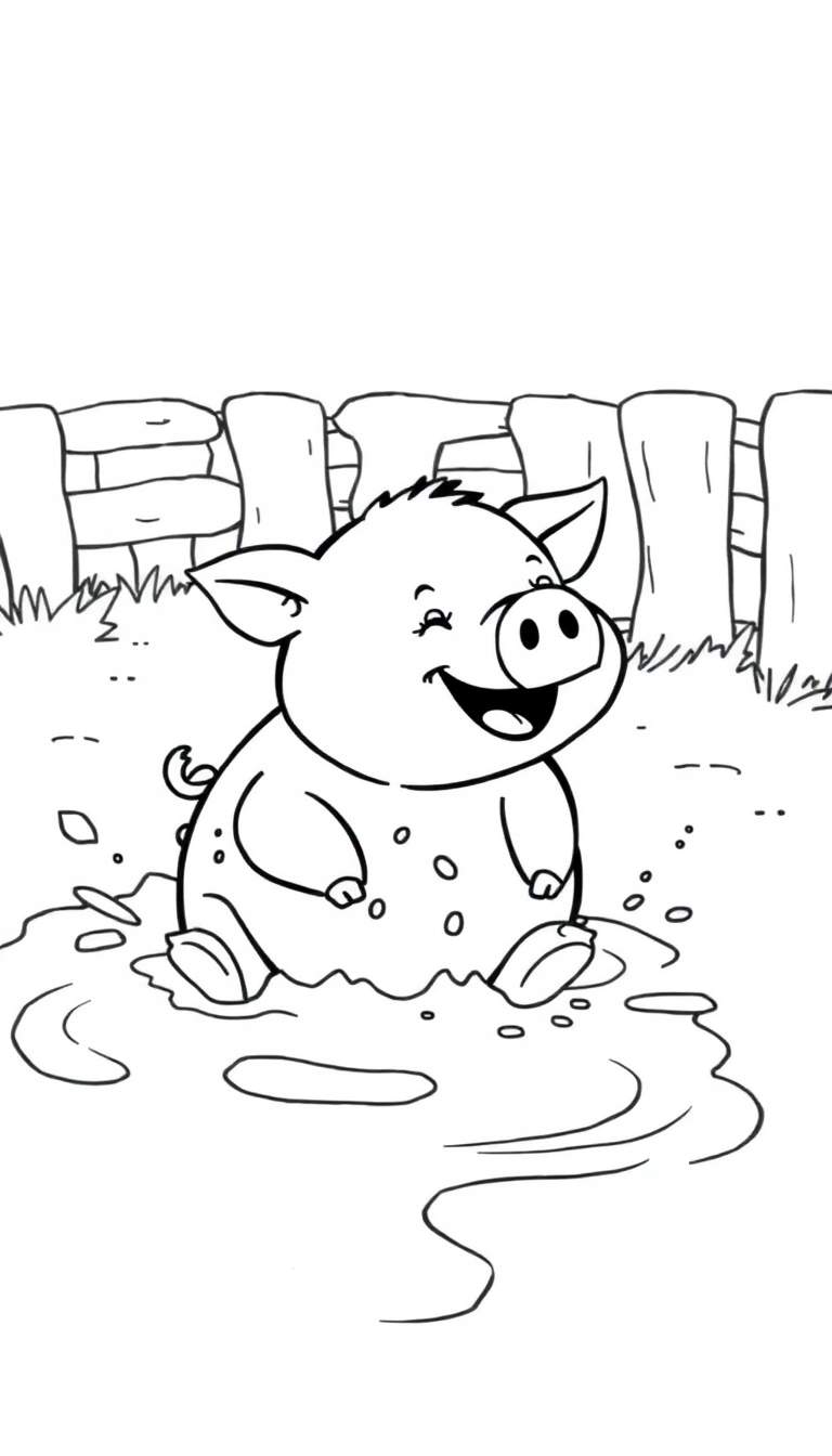 Kleurplaat van een blij varkentje in de modder