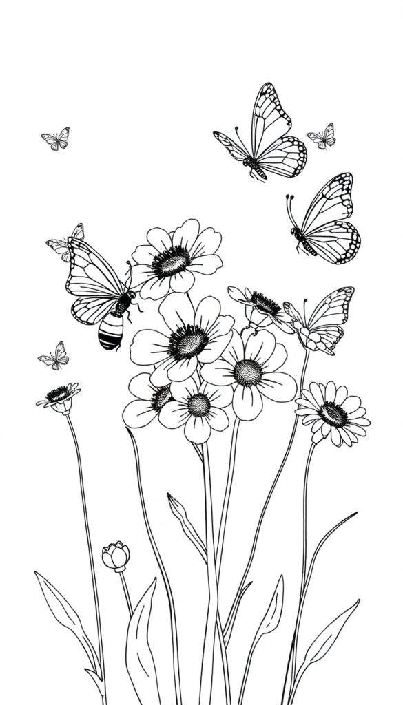 Kleurplaat met bloemen en vlinders, en een insect.