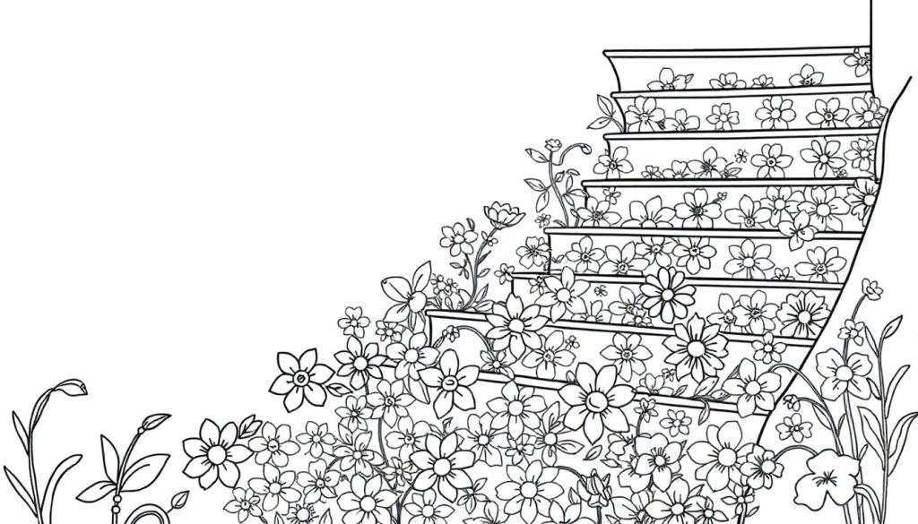 Zwart-wit kleurplaat van een trap bedekt met bloemen.