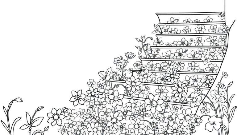 Zwart-wit kleurplaat van een trap bedekt met bloemen.