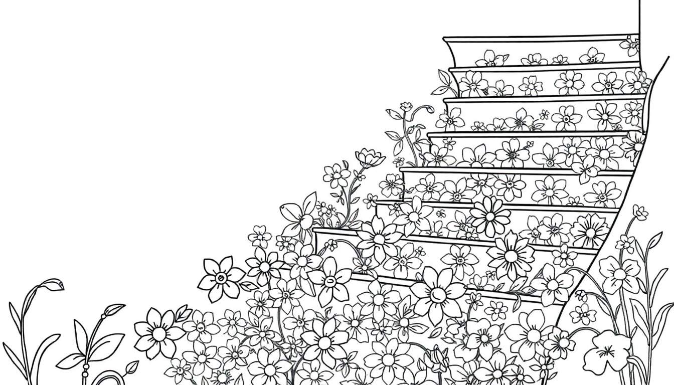 Zwart-wit kleurplaat van een trap bedekt met bloemen.