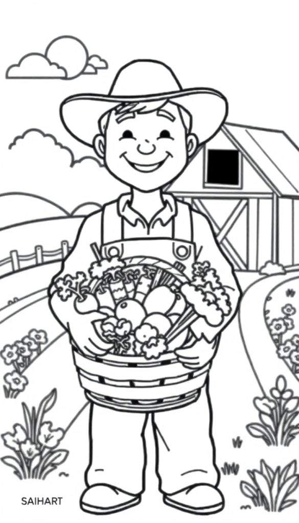 Kleurplaat van een lachende boer met een hoed en een mand vol groenten, bij een schuur en heuvels.