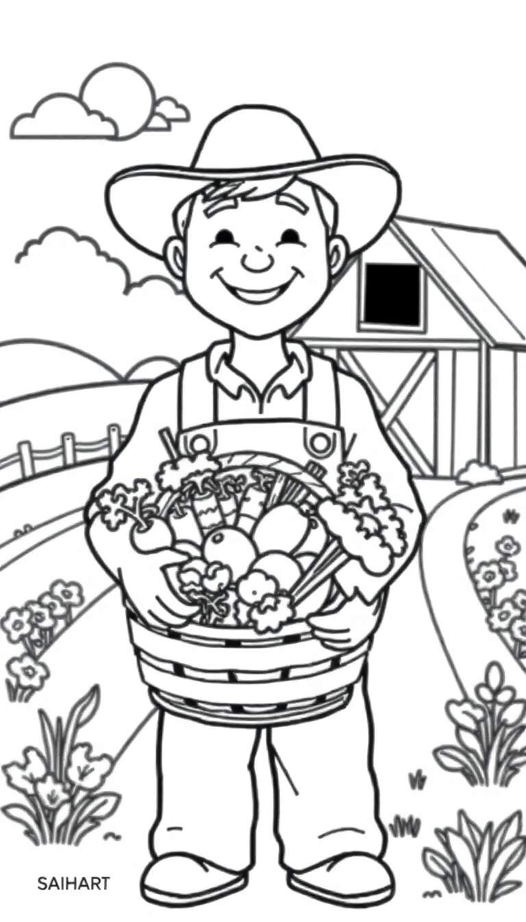 Kleurplaat van een lachende boer met een hoed en een mand vol groenten, bij een schuur en heuvels.