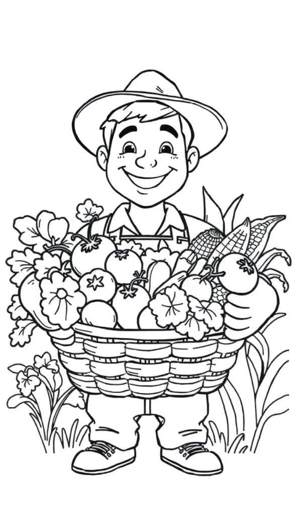 Zwart-witte kleurplaat van een lachende boer met een mand vol groenten.
