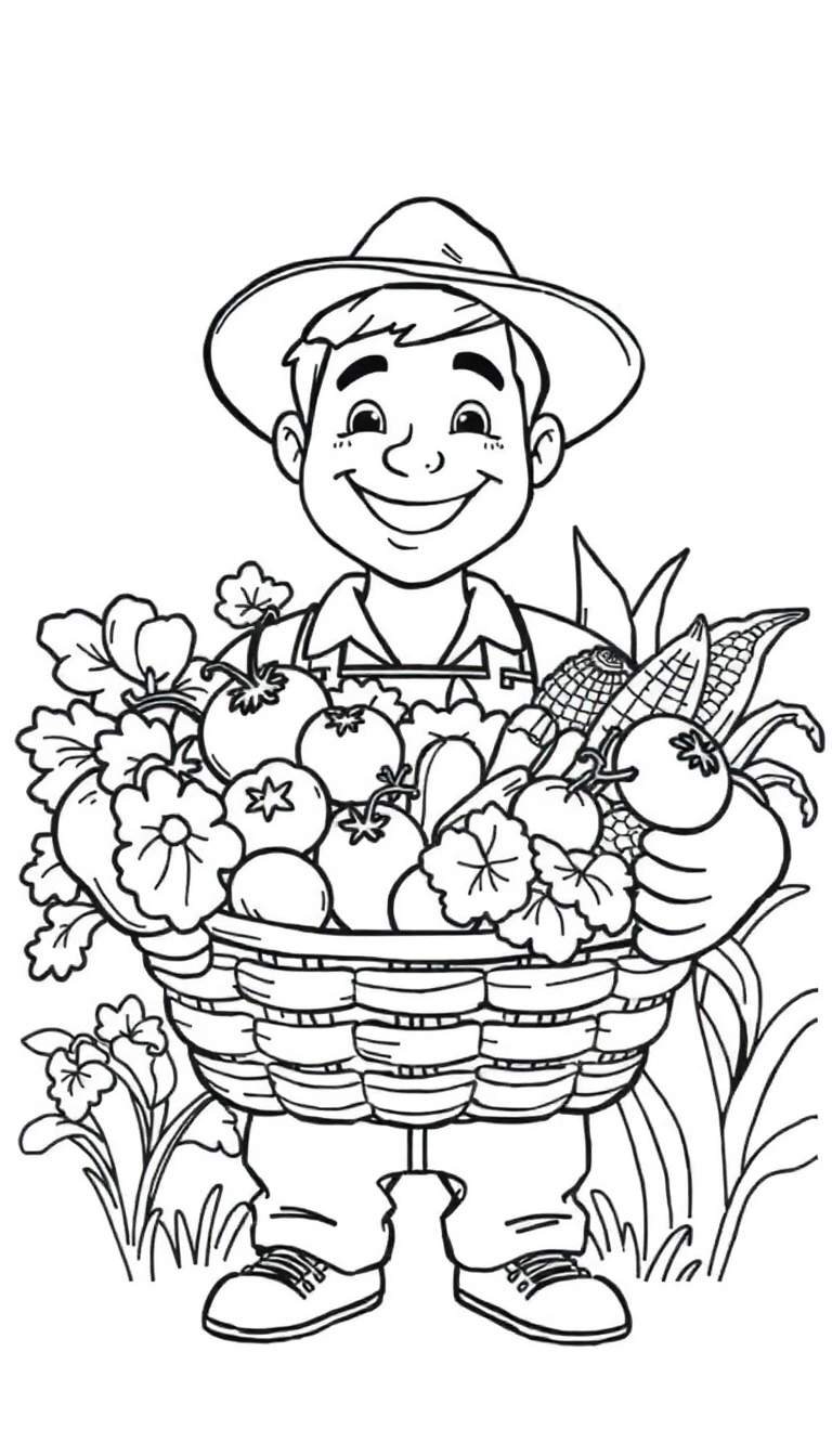 Zwart-witte kleurplaat van een lachende boer met een mand vol groenten.