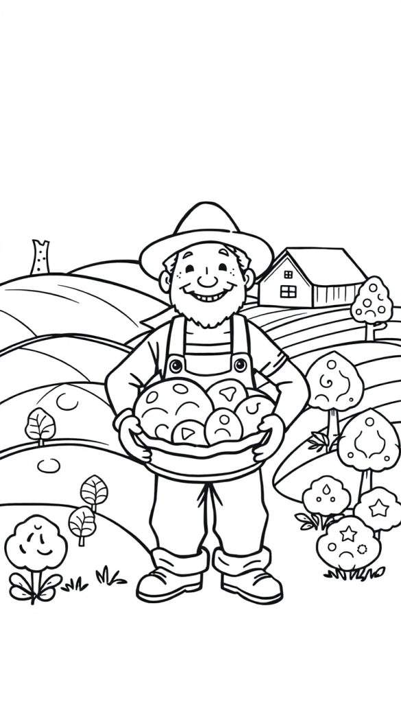 Een boer in een hoed en tuinbroek met een schaal groenten, in een landschap met een huis en windmolen, zwart-wit kleurplaat.