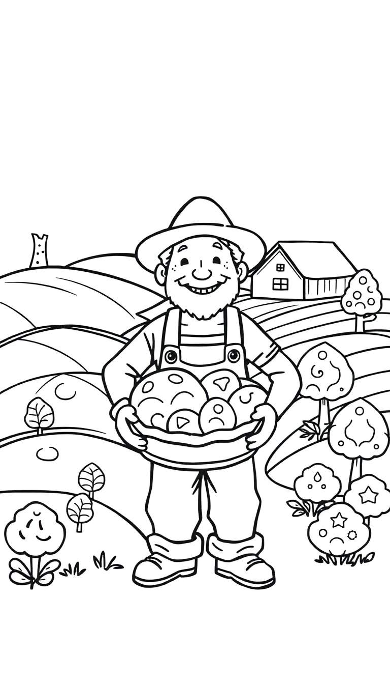 Een boer in een hoed en tuinbroek met een schaal groenten, in een landschap met een huis en windmolen, zwart-wit kleurplaat.