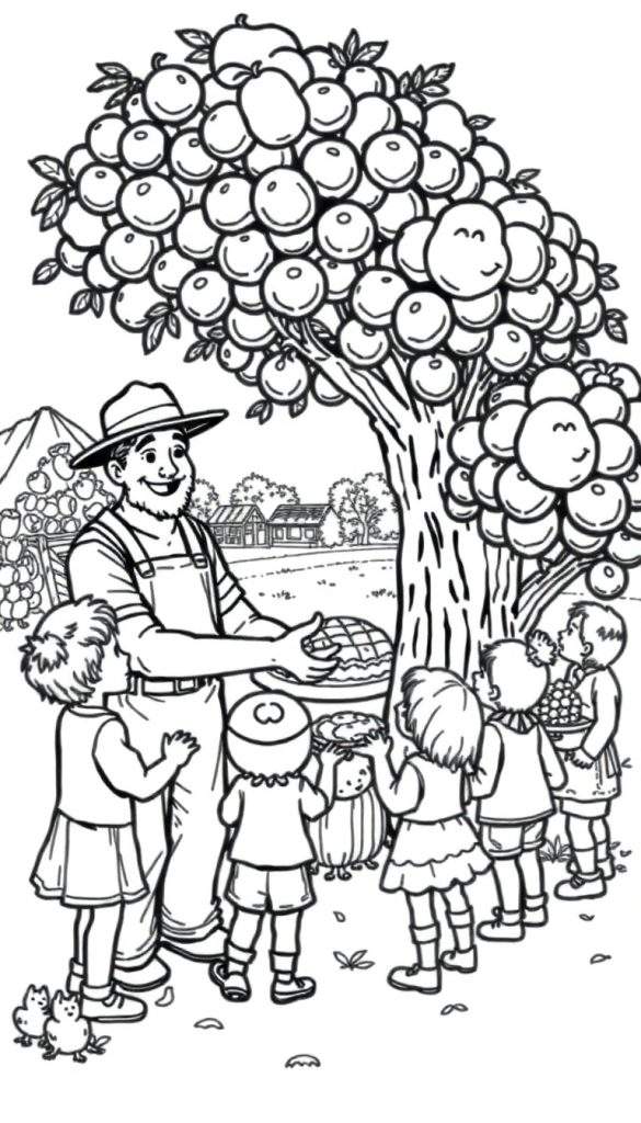 Kleurplaat van een boer die pie uitdeelt aan kinderen.