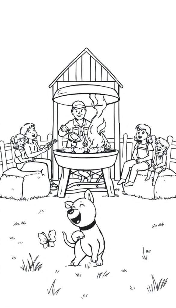 Een zwart-wit kleurplaat van een boerderijfamilie die geniet van een barbecue.