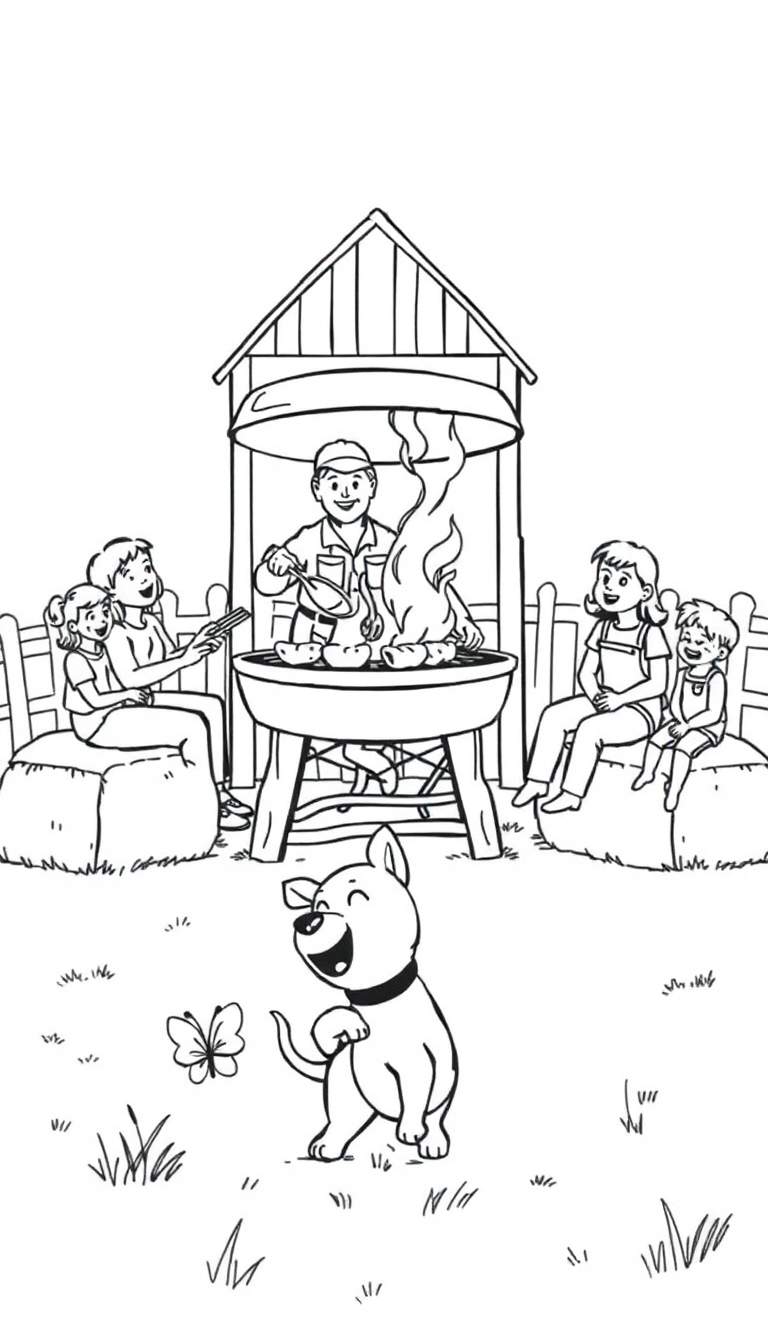 Een zwart-wit kleurplaat van een boerderijfamilie die geniet van een barbecue.