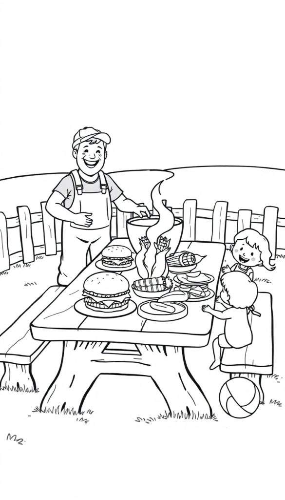 Zwart-wit kleurplaat van een boerderij barbecue met een man, twee kinderen en eten.