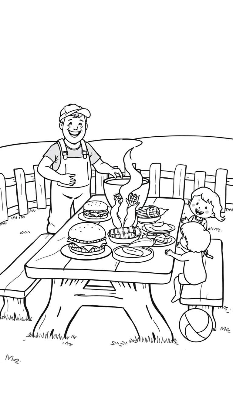 Zwart-wit kleurplaat van een boerderij barbecue met een man, twee kinderen en eten.