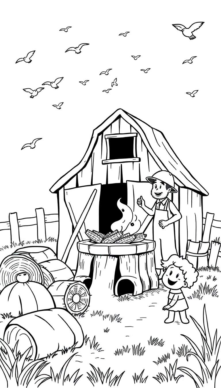 Zwart-witte kleurplaat van een boerderij met een boer, kind, schuur en rookend vat met mais.