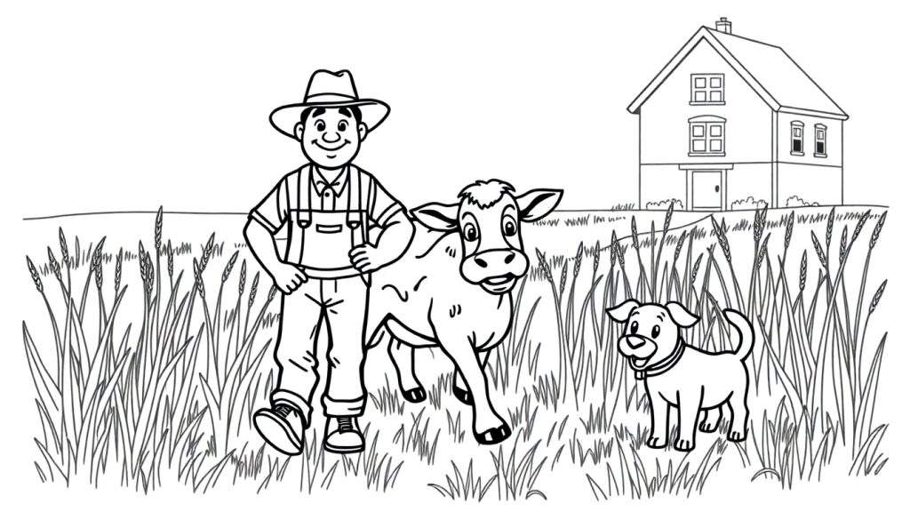 Zwart-wit kleurplaat van een boerderij met boer, koe, hond en huis.