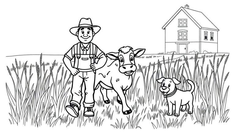 Zwart-wit kleurplaat van een boerderij met boer, koe, hond en huis.