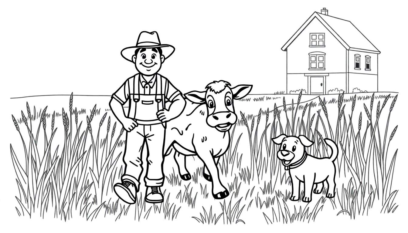 Zwart-wit kleurplaat van een boerderij met boer, koe, hond en huis.