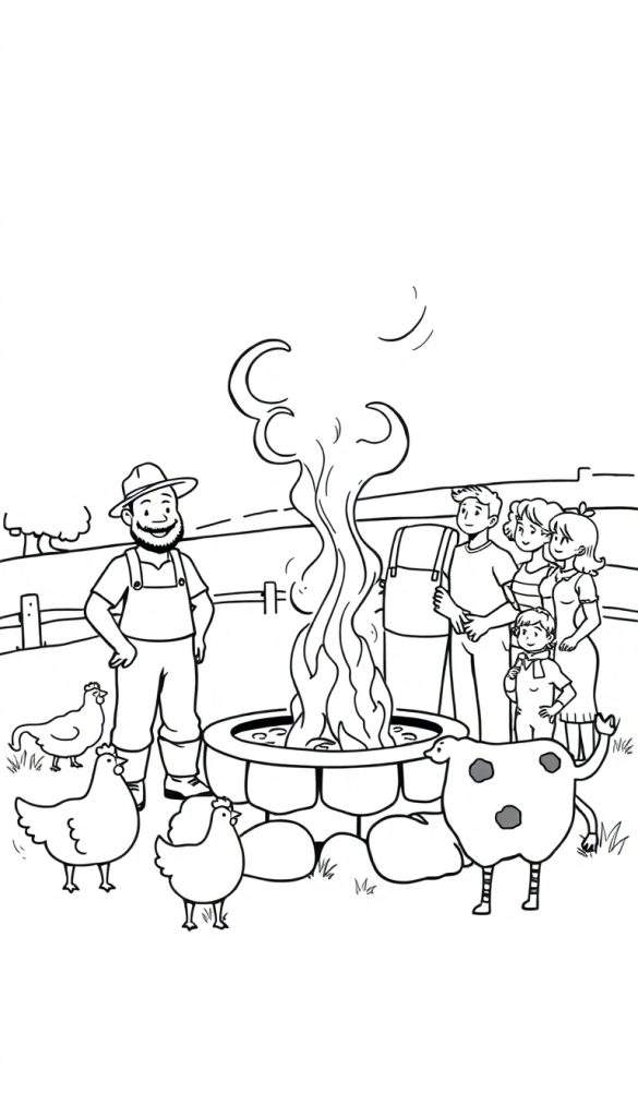 Kleurplaat van een boerderijtafereel met een boer, familie en een koe bij een put.