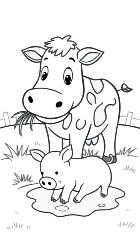 Kleurplaat van een koe en een varken op de boerderij.