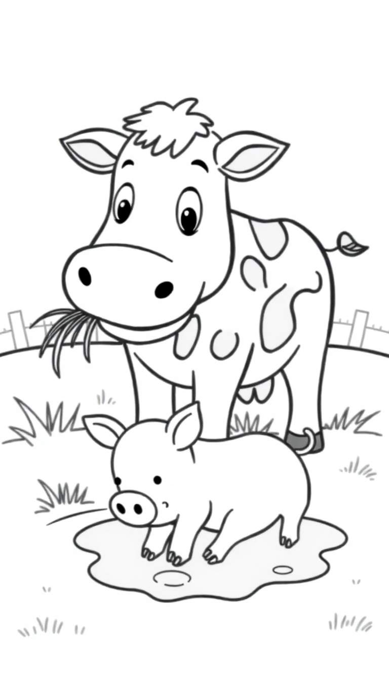 Kleurplaat van een koe en een varken op de boerderij.