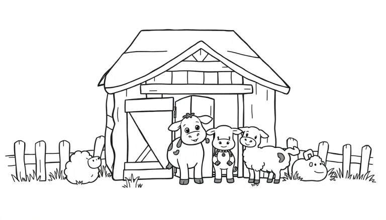 Kleurplaat van een boerderij met een schuurtje, koe, kalfje en schapen.