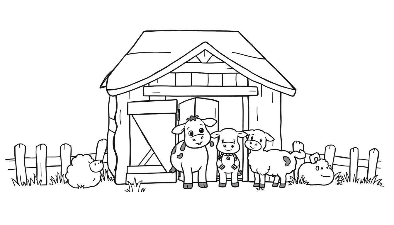 Kleurplaat van een boerderij met een schuurtje, koe, kalfje en schapen.