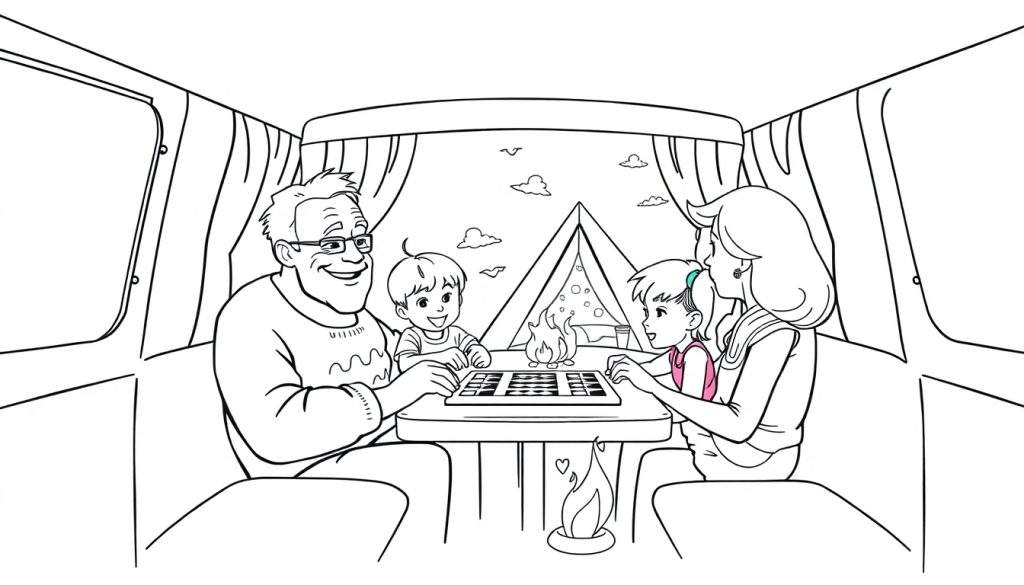 Kleurplaat van een familie in een camper, spelend met een bordspel.