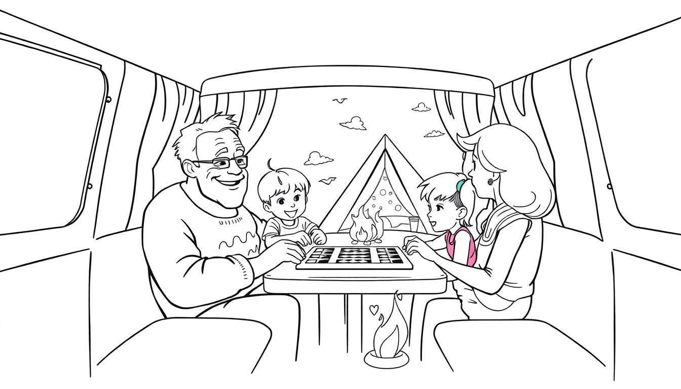Kleurplaat van een familie in een camper, spelend met een bordspel.