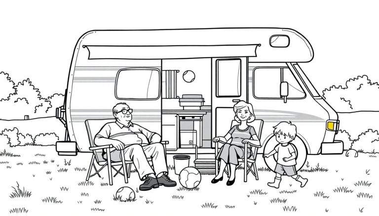 Kleurplaat van een gezin dat kampeert met een camper: opa, oma, een jongetje en een meisje.