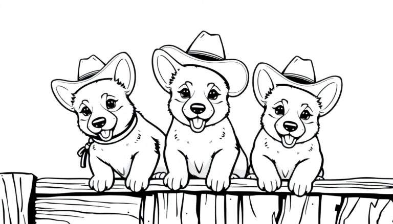 Een zwart-wit kleurplaat van drie corgi-puppy's met cowboyhoeden.