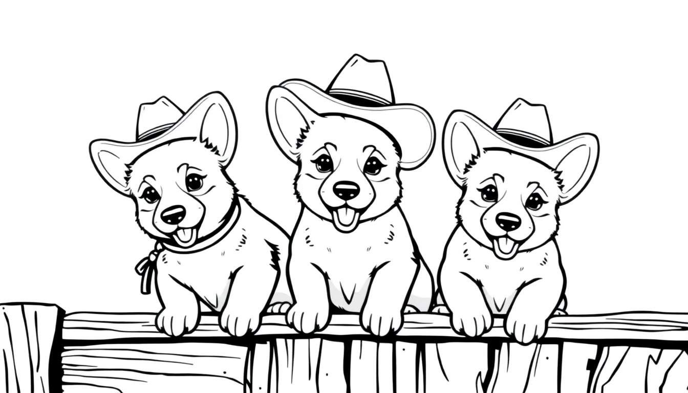 Een zwart-wit kleurplaat van drie corgi-puppy's met cowboyhoeden.