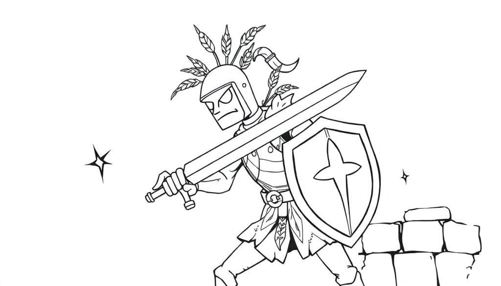 Kleurplaat van een cartoon ridder met tarwepluimen op zijn helm en een zwaard.