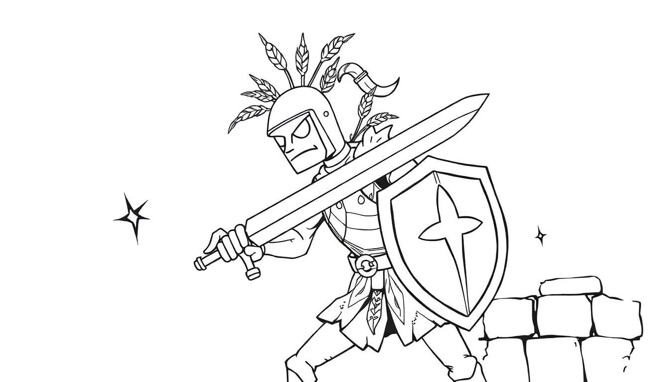Kleurplaat van een cartoon ridder met tarwepluimen op zijn helm en een zwaard.