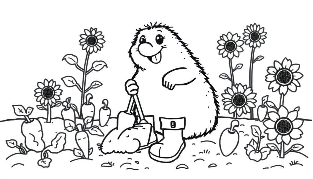 Kleurplaat van een grappige mol met werkschoenen en een schop in een tuin.