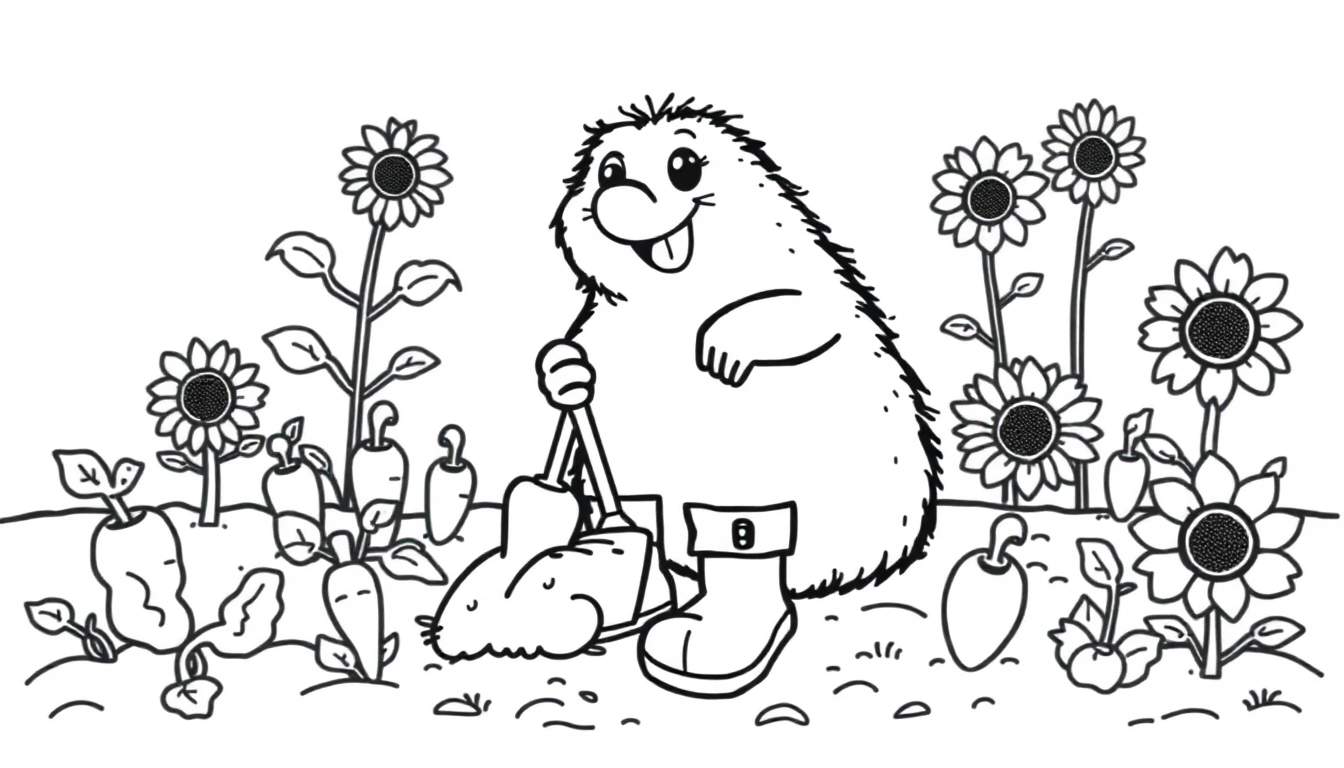 Kleurplaat van een grappige mol met werkschoenen en een schop in een tuin.