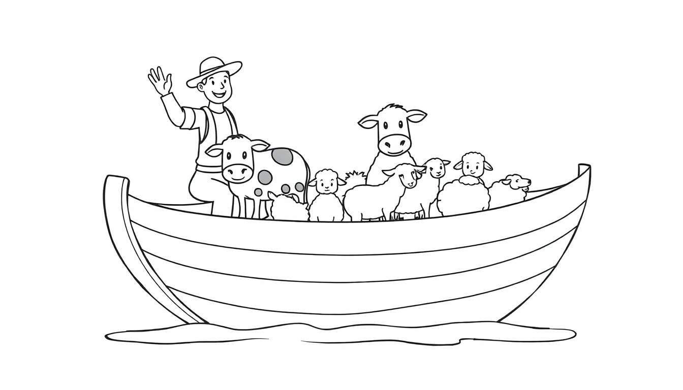 Kleurplaat van een boot met een boer, koeien en schapen.