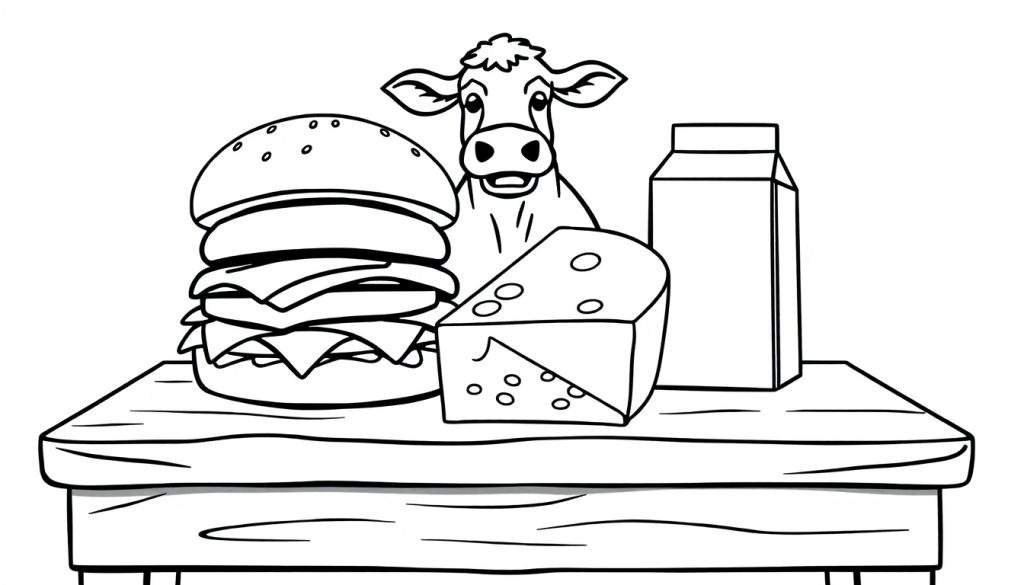 Kleurplaat van een tafel met een hamburger, kaasblok en melk, met een koe erachter.