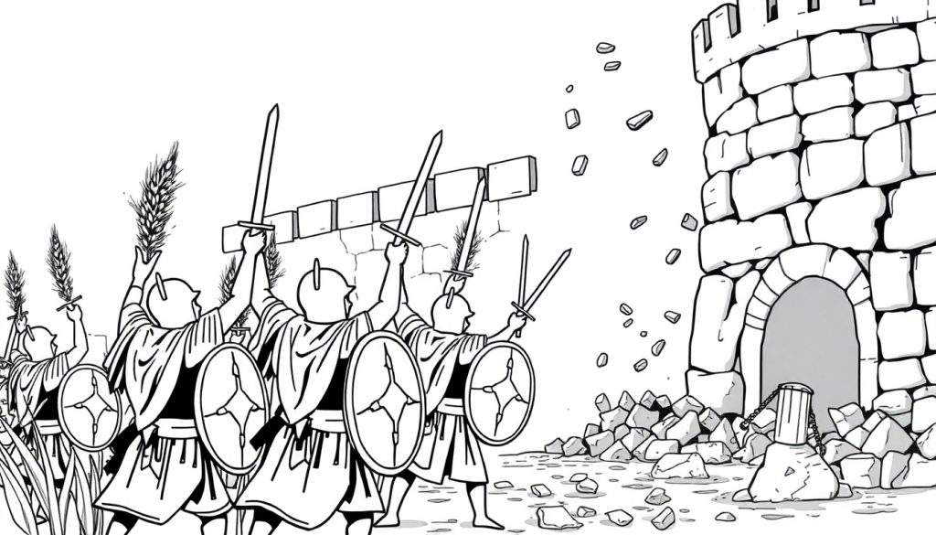 Kleurplaat van woedende tarweplanten die een kasteel aanvallen met zwaarden en schilden.