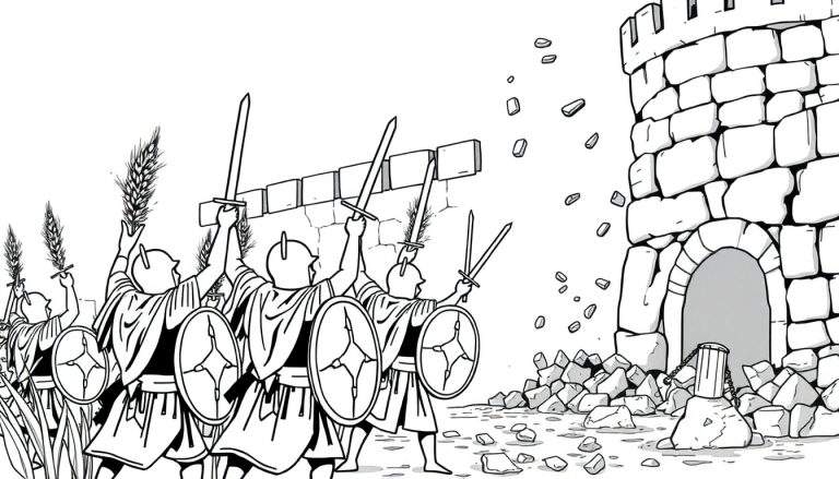 Kleurplaat van woedende tarweplanten die een kasteel aanvallen met zwaarden en schilden.
