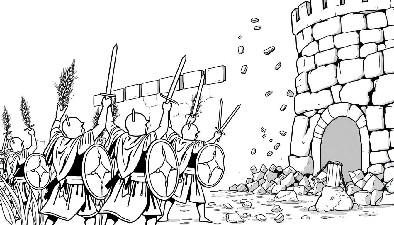 Kleurplaat van woedende tarweplanten die een kasteel aanvallen met zwaarden en schilden.