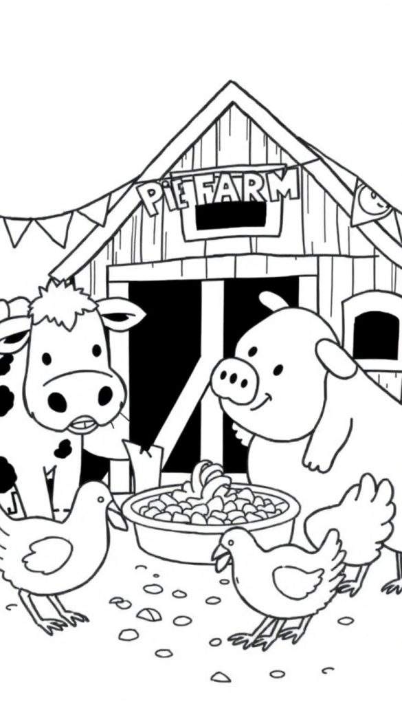 Kleurplaat van een boerderij met een koe, varken en kippen.