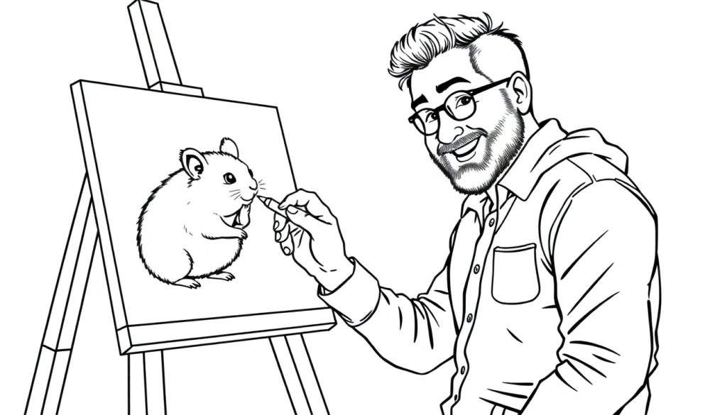Kleurplaat: Man met baard en bril schildert lachende hamster met krijtje.