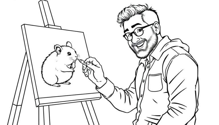 Kleurplaat: Man met baard en bril schildert lachende hamster met krijtje.